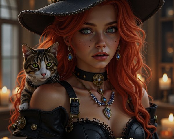 Young Woman in Black Dress with Cat and Candles