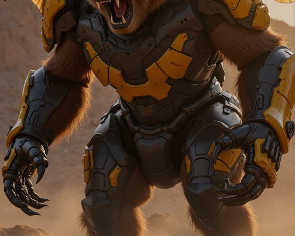 Futuristic Armored Bear in Rocky Landscape