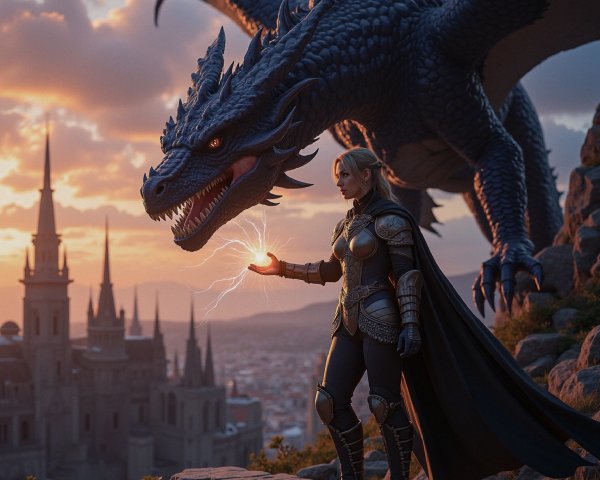 Warrior with Lightning and Dragon Over Medieval City