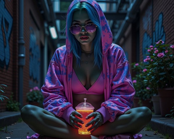 Young Person with Blue Hair in Urban Alley Scene