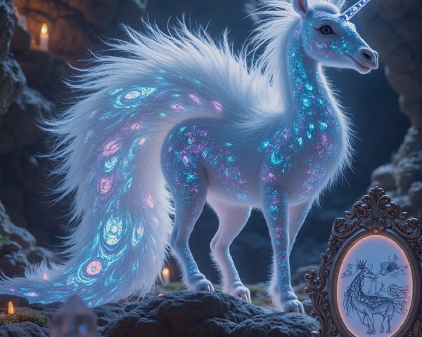 Unicorn in a Mystical Cave with Glowing Crystals