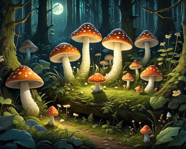 Mystical Night Forest with Mushrooms and Wildflowers