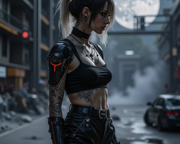 Futuristic Woman with Cybernetic Enhancements in Urban Scene