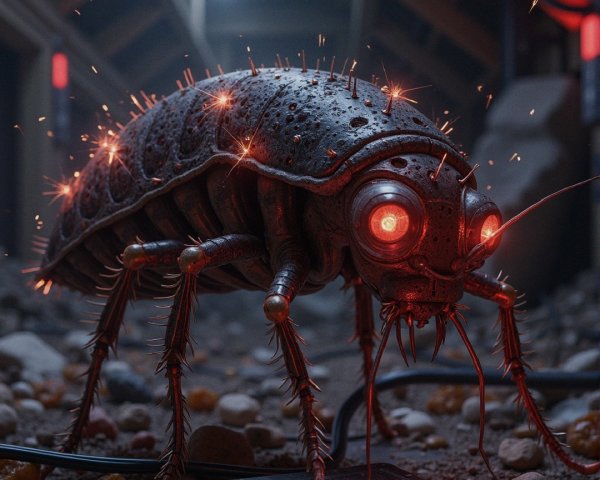 Futuristic robotic insect in a dimly lit corridor