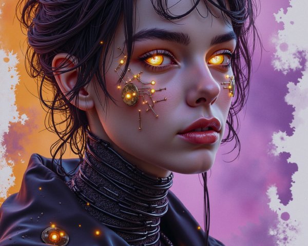 Futuristic portrait of a young woman with golden eyes