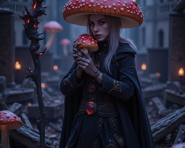 Mystical Forest Scene with Silver-Haired Figure and Mushrooms