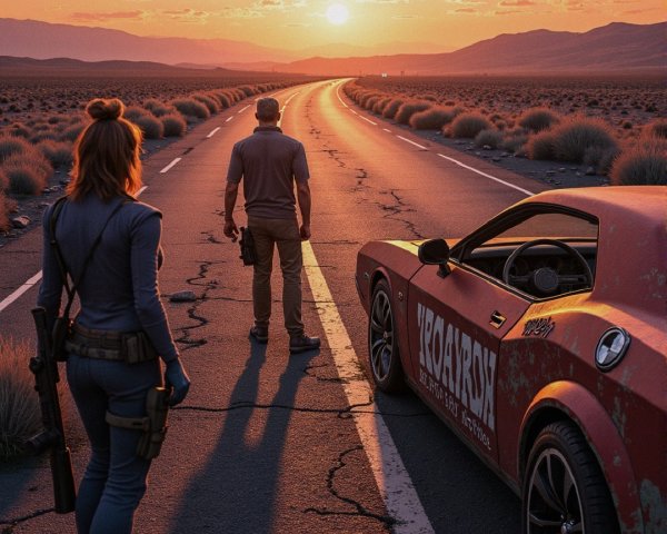 Desolate Landscape with Figures and Vibrant Sunset