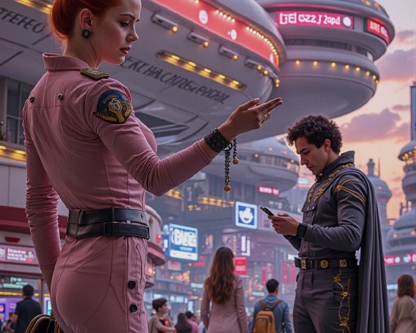 Futuristic cityscape with characters in vibrant attire