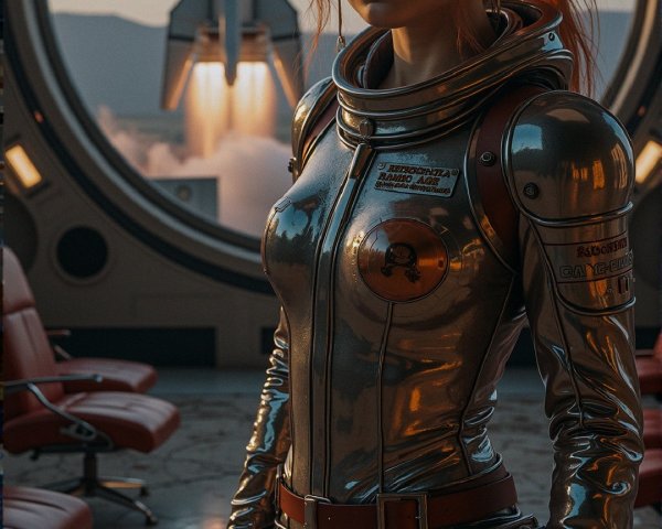 Futuristic Launch Facility with Woman in Space Suit