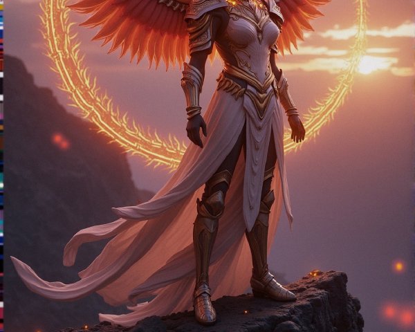 Majestic figure in ornate armor with golden wings at sunset