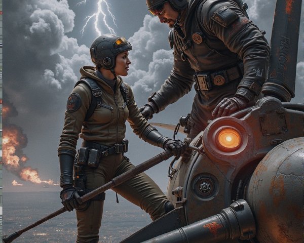 Dramatic Stormy Landscape with Futuristic Aircraft and Figures