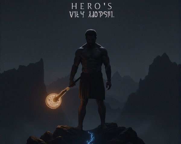 Muscular Hero in Mystical Landscape with Glowing Weapon