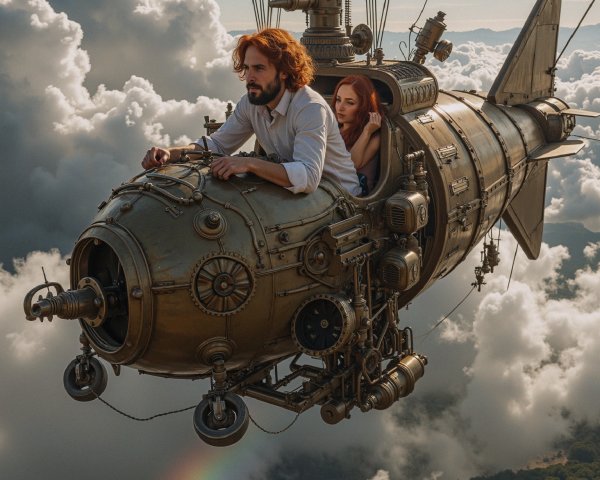 Steampunk Airship in Fluffy Clouds with Captivating View