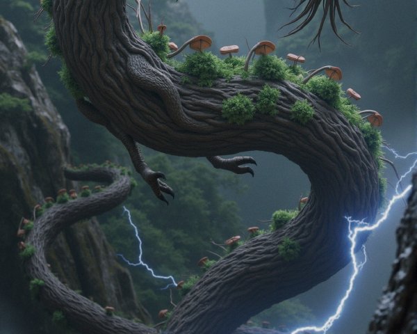 Colossal Serpentine Creature in Misty Mountain Landscape