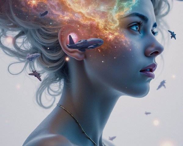 Surreal Artwork of Woman with Cosmic Hair Transformation
