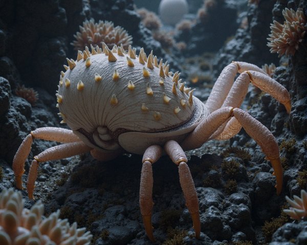 Surreal Underwater Scene with Spiky Crab and Coral