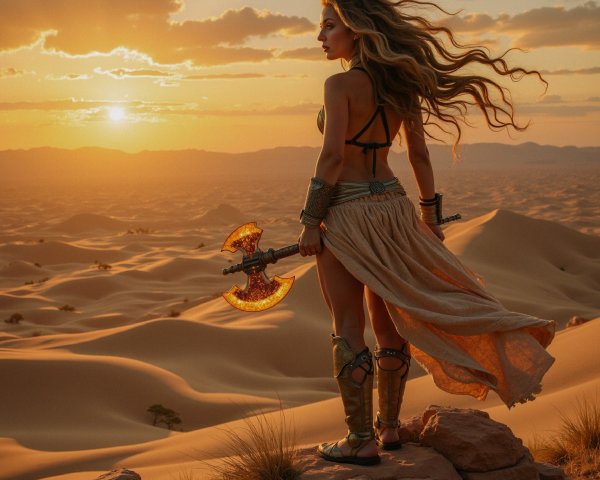 Warrior on Ledge Overlooking Sunset and Sand Dunes