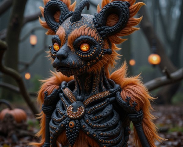 Mystical creature in foggy forest with glowing lanterns