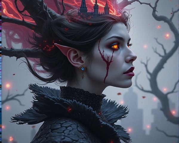 Elf-like figure with flames and shadowy dragon backdrop