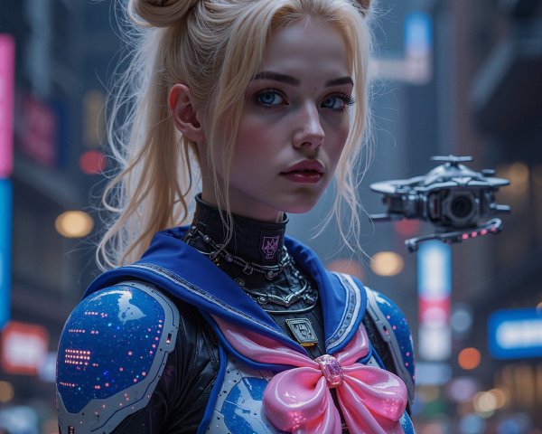 Futuristic figure in neon-lit city with high-tech outfit