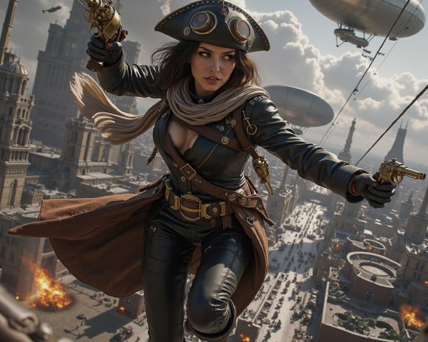 Steampunk Woman Leaping Through a Bustling Cityscape