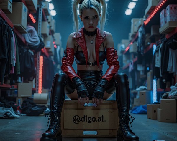 Confident Figure in Red Jacket in Dim Storage Space