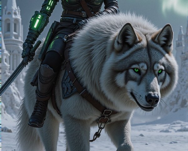 Warrior Woman on Wolf in Northern Lights Landscape