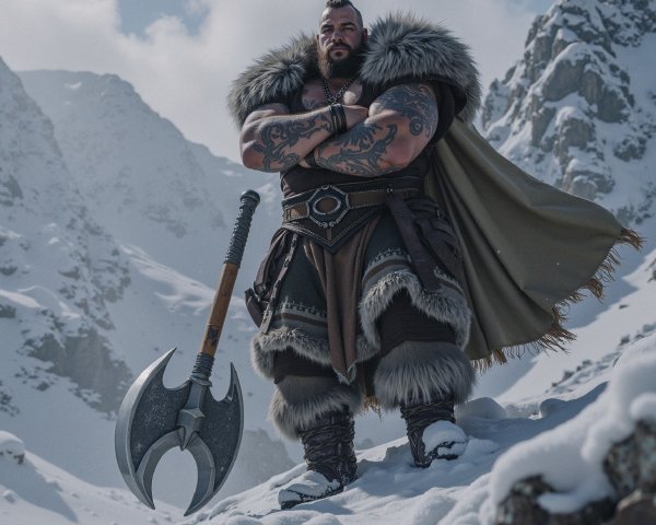 Warrior in Fur Armor with Double-Bladed Axe in Snowy Peaks