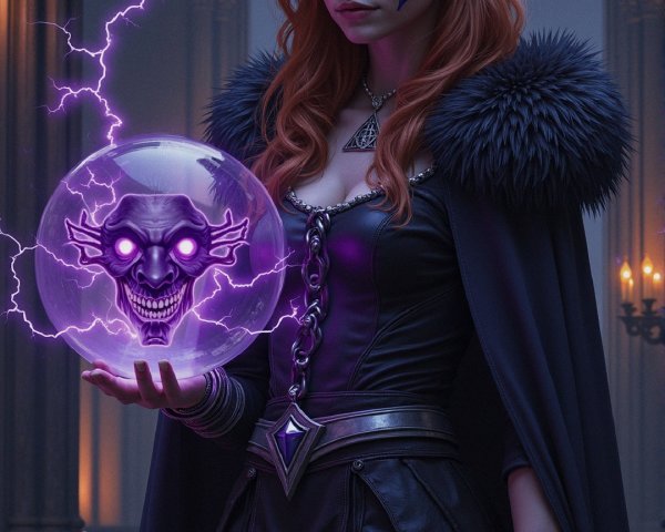 Mystical figure in dark robes with glowing crystal orb