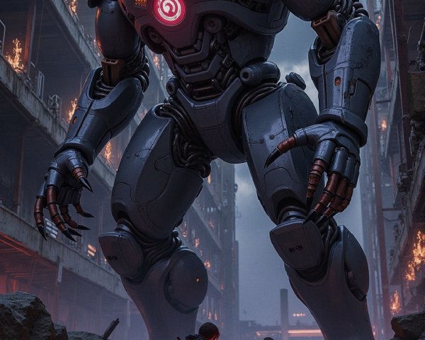 Dystopian Cityscape with Colossal Robot and Figures
