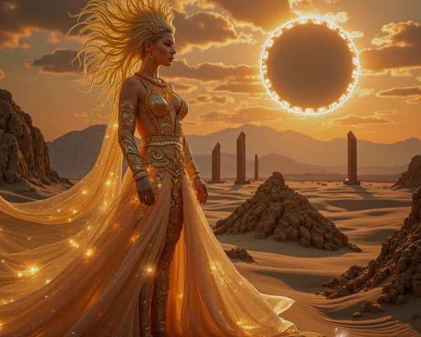 Majestic figure in golden attire in surreal desert landscape