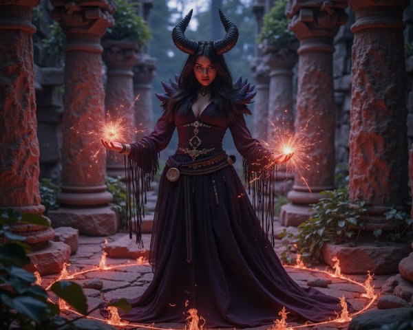 Powerful Sorceress in Mystical Ancient Setting