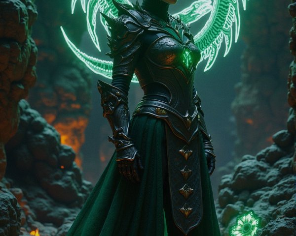 Majestic figure in dark armor within mystical cavern