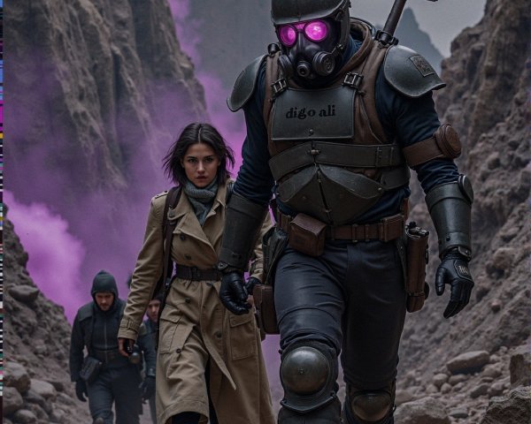 Travelers Navigate Rocky Gorge with Purple Smoke