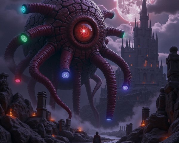 Colossal Tentacled Creature Over Rocky Landscape