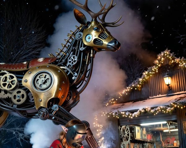 Giant Steampunk Reindeer Robot in Snowy Landscape