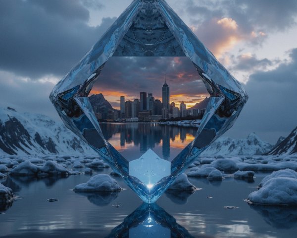 Crystal Structure with City Skyline and Mountains