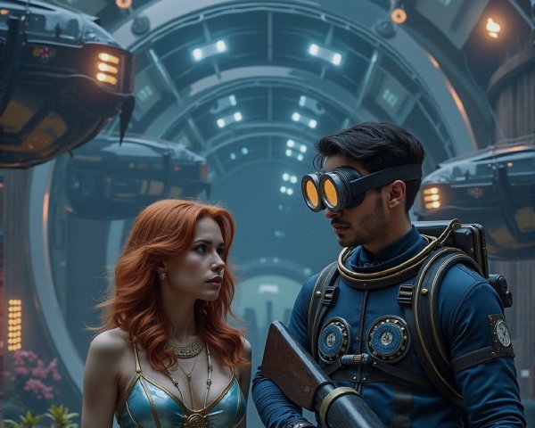 Futuristic Scene with Metallic Bodysuit and Neon Sign