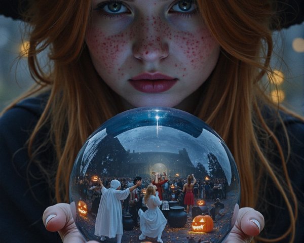 Young Woman in Witch Hat with Crystal Ball and Halloween Scene