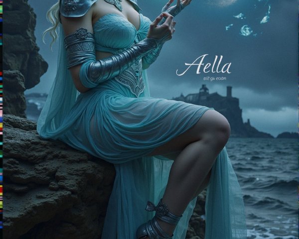 Mystical Figure in Aqua Fabric Under Moonlit Sky