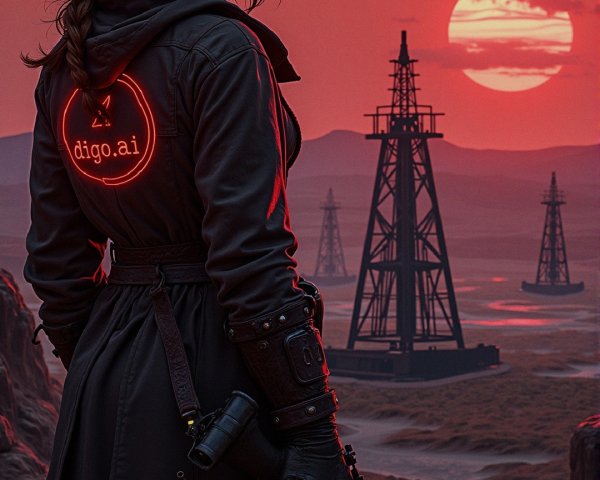 Mysterious Figure at Sunset with Oil Rigs Silhouette