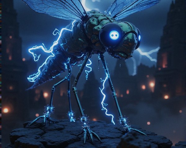 Futuristic robotic dragonfly on rocky surface with sparks
