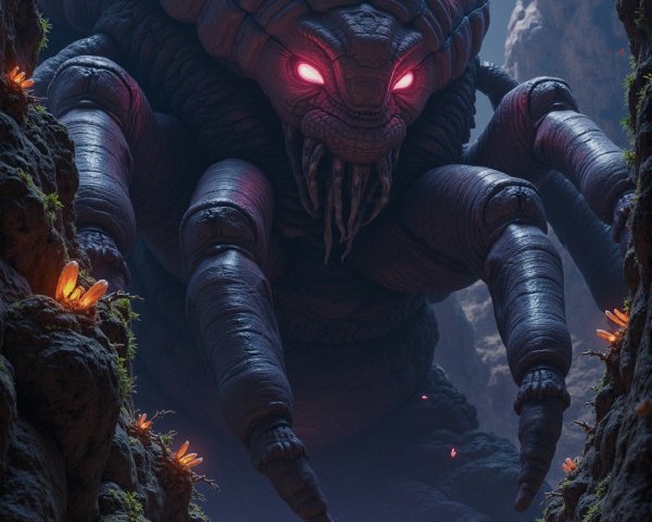 Colossal Creature in Dim Cavern with Eerie Flora