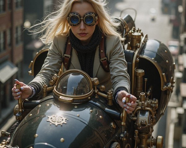 Stylish Woman on Steampunk Vehicle in Urban Setting