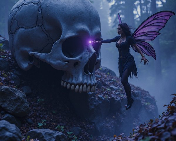 Fairy with Purple Wings in Mystical Foggy Forest