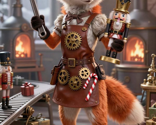 Whimsical Fox Character in a Festive Workshop Setting