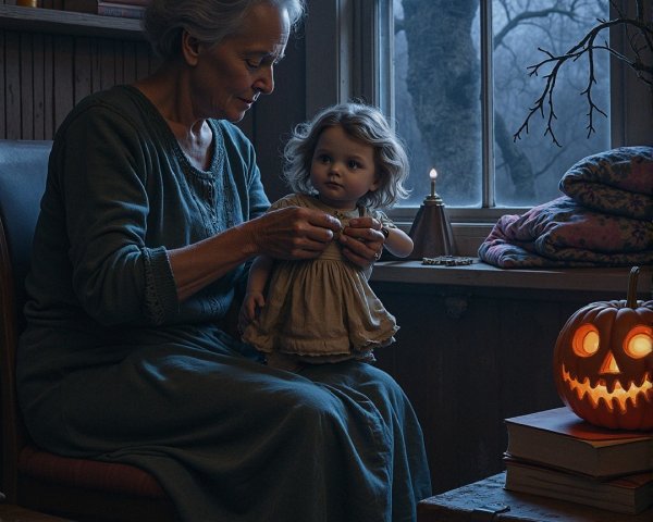 Elderly Woman with Doll in Cozy Halloween Setting