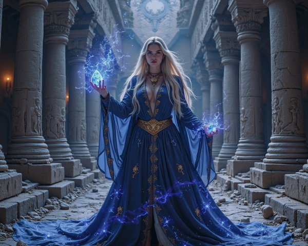 Sorceress in Moonlit Temple with Glowing Crystals