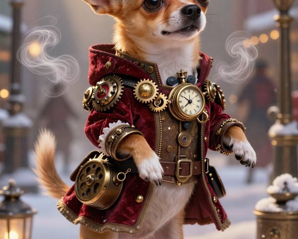 Chihuahua in Steampunk Christmas Outfit in Village