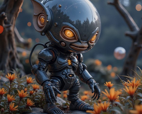 Futuristic creature among vibrant orange flowers